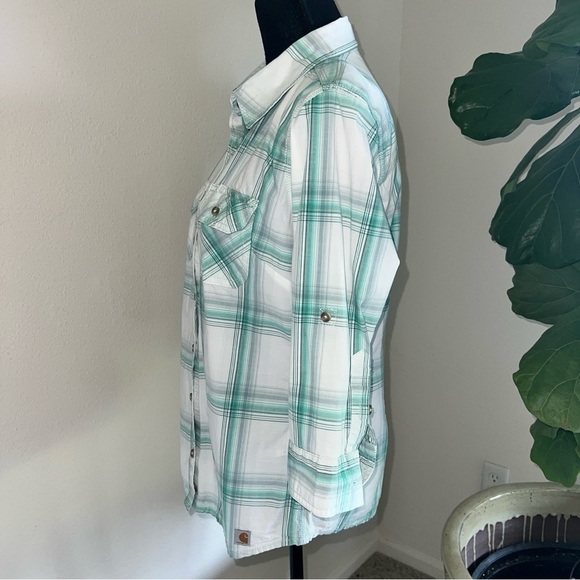 Carhartt Women’s Heron Green White Plaid 3/4 Sleeves Button Down Blouse M 8/10 - Picture 8 of 14